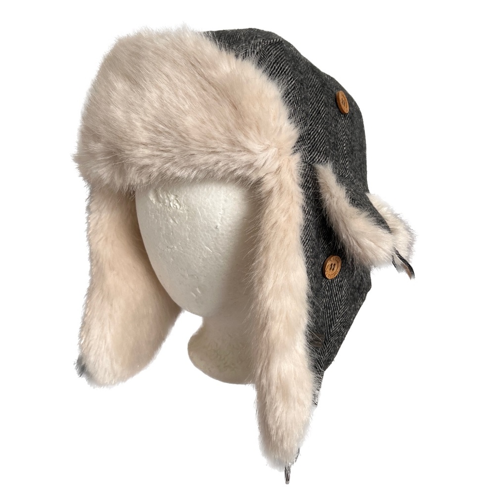 Original BARTS Wool Blend Trapper HAT Flaps Black White Chin Tie Faux Fur Trim